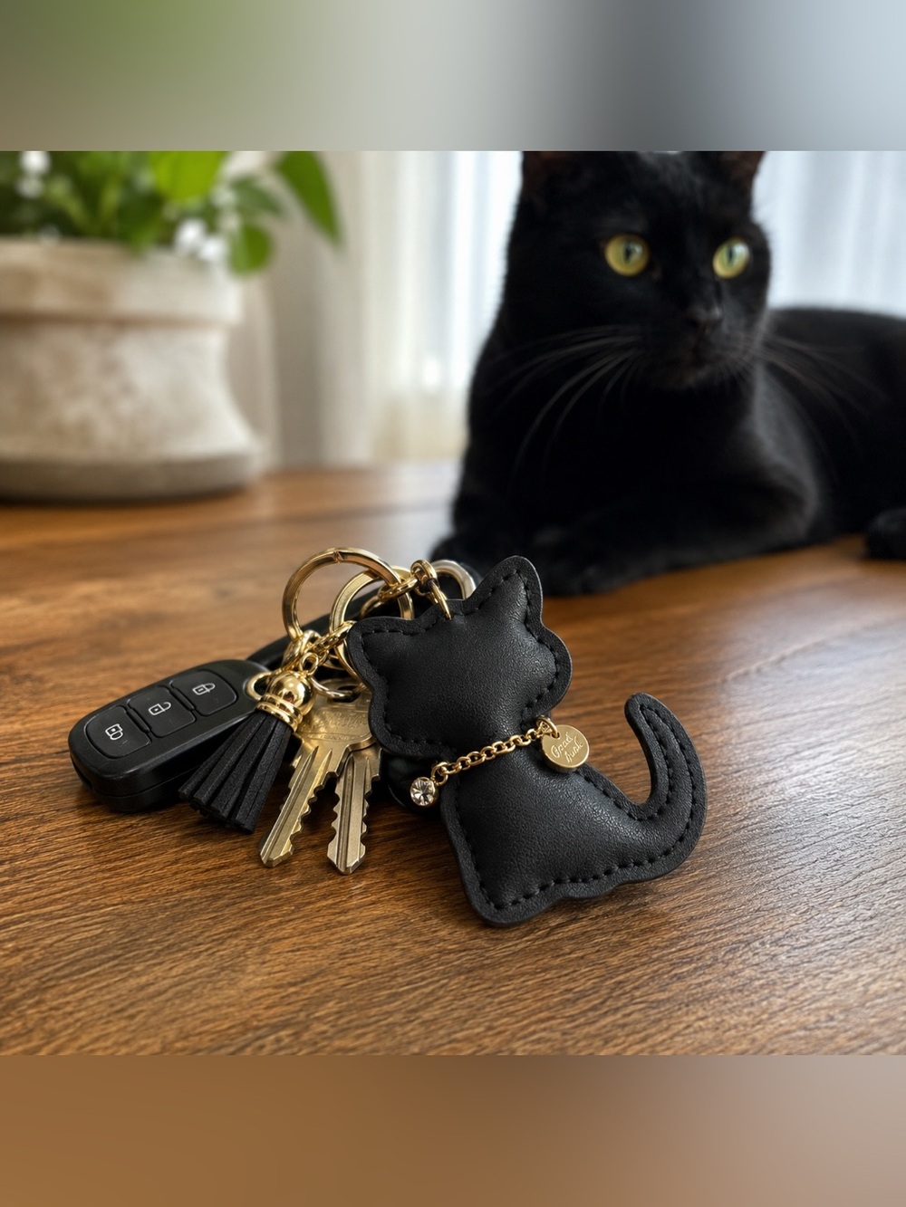 Black Faux Leather Cat Keychain Bag Charm Tassel Gold Tone Cute Kawaii